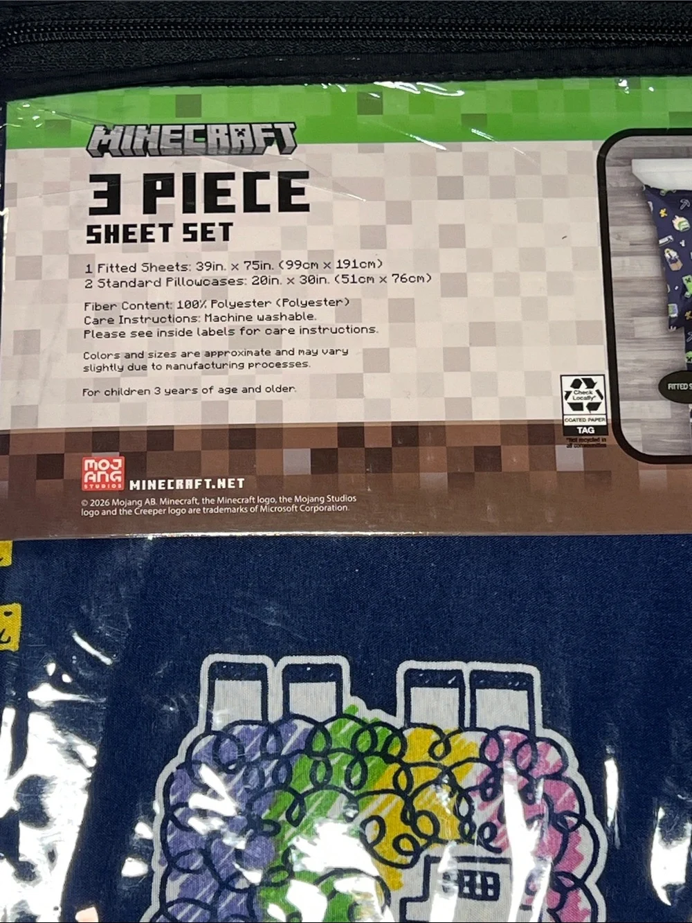 Minecraft Twin 3-Piece Sheet Set - Yellow, Navy with Green